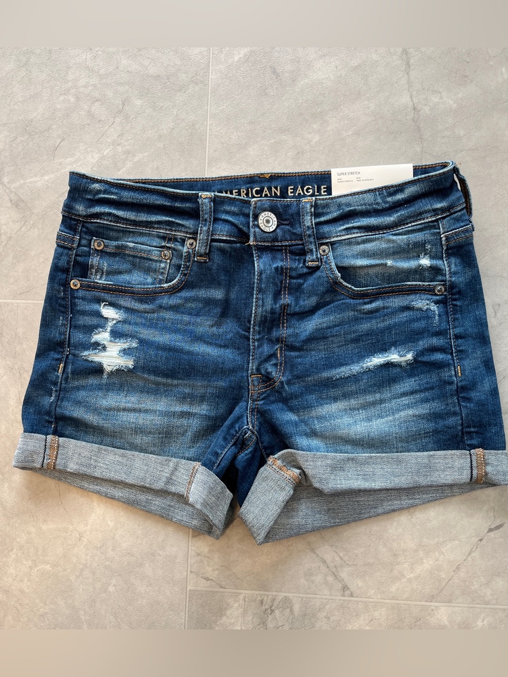 American Eagle Outfitters Blue Distressed Rolled Cuff Jean Shorts size 6 Stretch - Picture 1 of 9